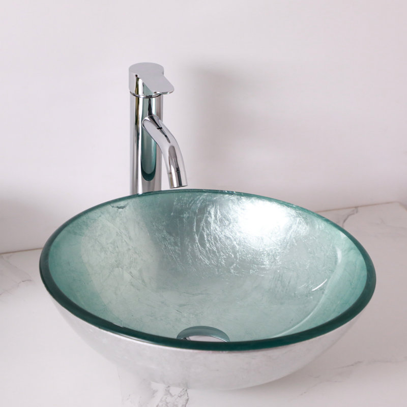15" L x 15" W Glass Bathroom Vessel Sink Round Tempered Glass Art Basin Above Counter Bathroom Sink, Silver