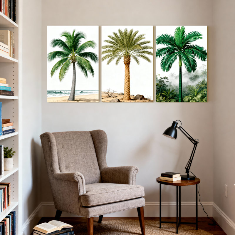 Palmiers, palmiers, scène de plage, réflexions, paysage naturel, ensemble de 3 impressions sur toile, H 24 po x l 48 po