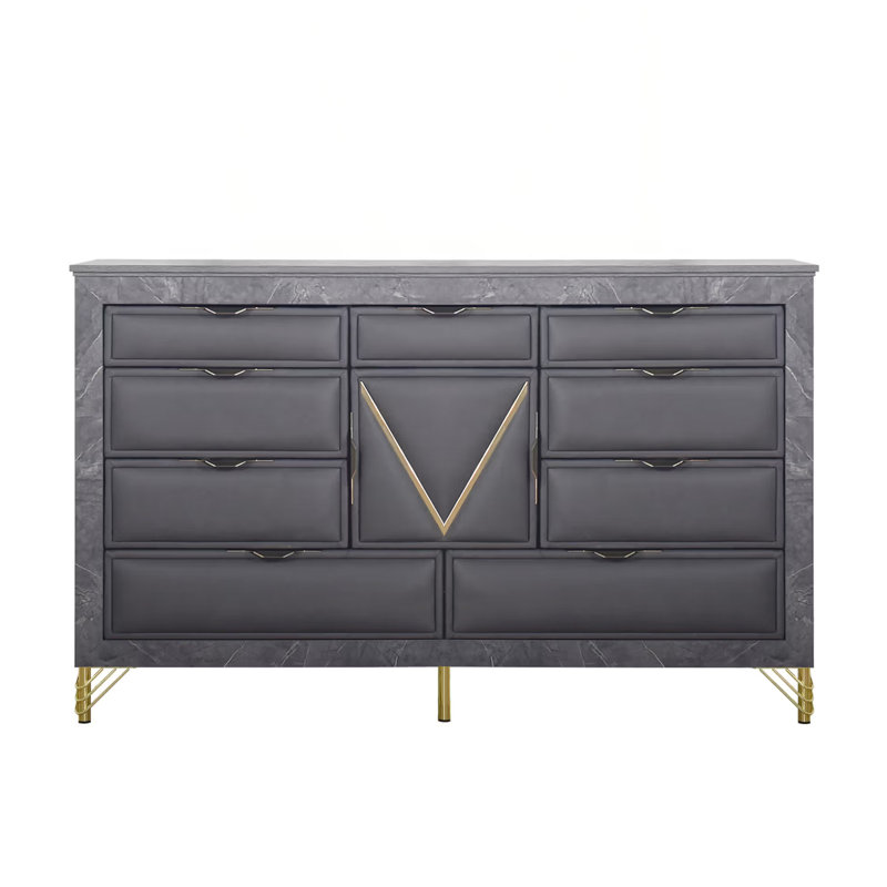 Commode large Semy, 10 tiroirs, 1 armoire, bois gris anthracite, or