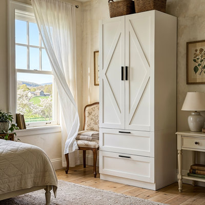 2-Door 2-Drawer Wardrobe | Geometric Slat Doors, Black Handles & White Finish