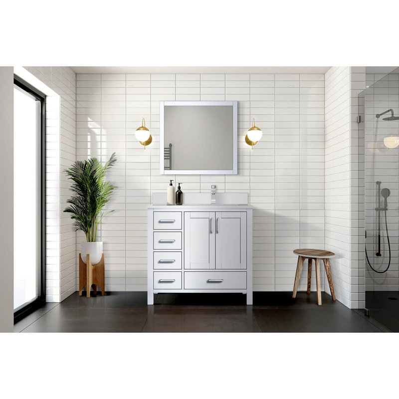 Meuble-lavabo de salle de bain 36 po X P 22 po D, dessus en quartz décalé à droite, ensemble de robinet et Miroirs, Blanc