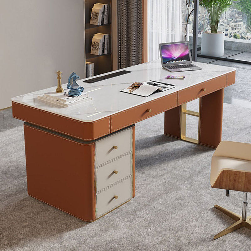 Bureau 5 tiroirs blanc + orange + or fritté rectangulaire + bois manufacturé + acier inoxydable, Retour à gauche