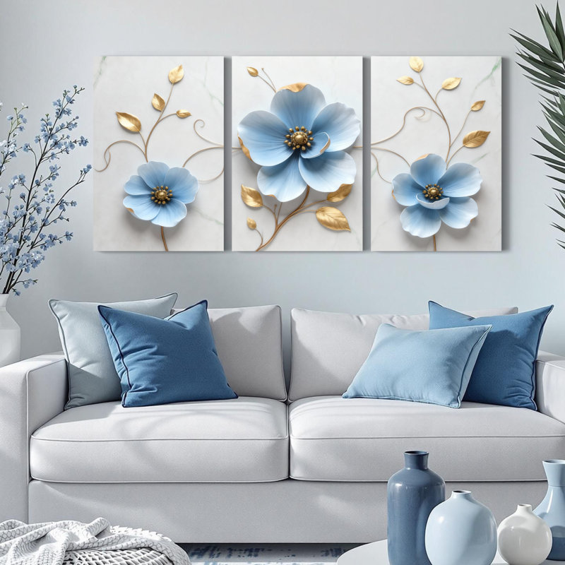 Tableau sur toile tendue à motif floral bleu et feuilles dorées, effet 3D (paquet de 3), H 24 po x l 48 po