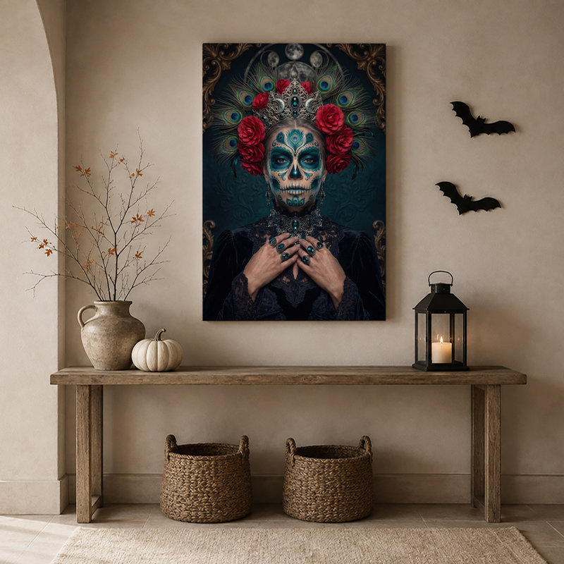 «Woman with Teal Sugar Skull And Peacock Feather», art mural sur toile, 24"H x 16"W
