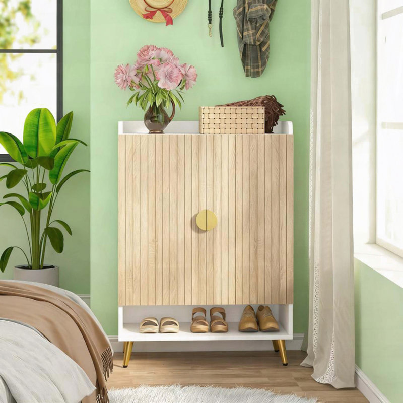 7‑Tier Shoe Cabinet with Adjustable Panels and Golden Accents, Engineered Wood