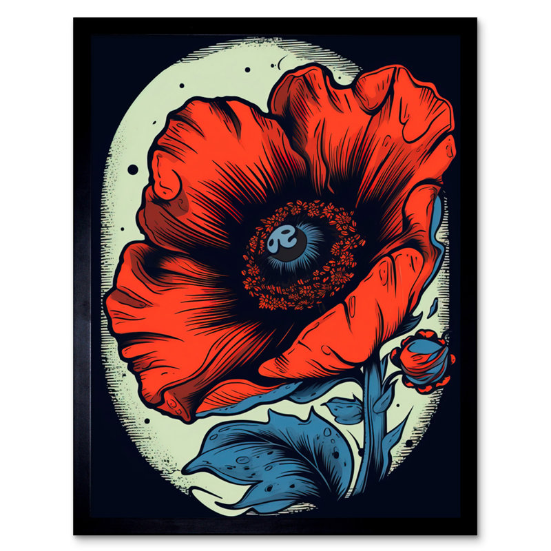 Aude Poppy Flower Old School USA Tattoo Ink Body Art Rockabilly Americana - Single Picture Frame Print