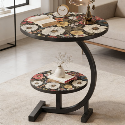 Floral C-Shaped Side Table: Double Decker Nightstand with Vintage Flower Print