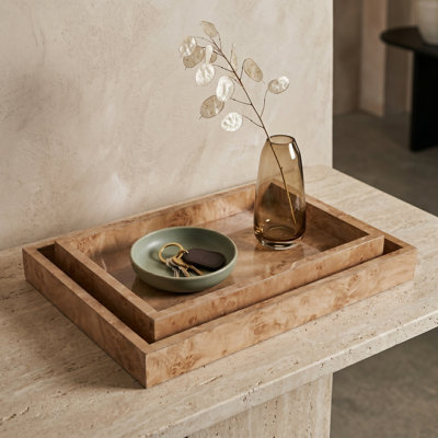 Plateaux décoratifs rectangulaires en placage et verre pour table basse ou table à manger - Décoration d'entrée - Lot de 2, 35,5 cm x 30,5 cm, couleur beige