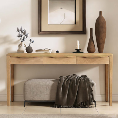 Console élégante de 59,84 po avec placage de chêne, table d'entrée de luxe légère à 3 tiroirs, canapé de style campagnard avec un coin doux, convient au salon, au vestibule et au couloir