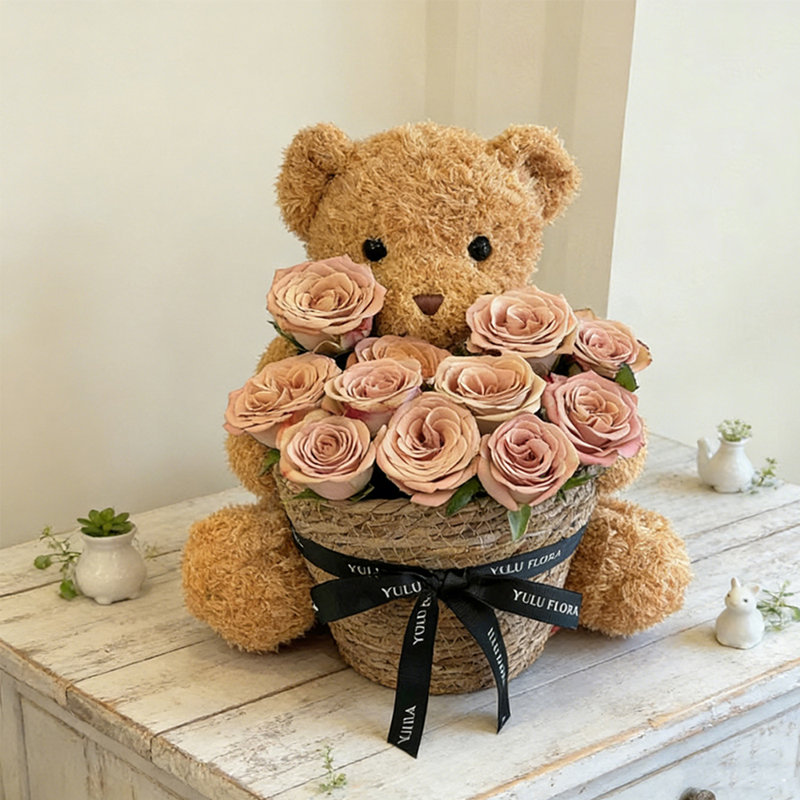 Mignon ensemble d'ours en peluche, bouquet de roses, fête des mères, Saint-Valentin, cadeau d'amour romantique, décoration de maison