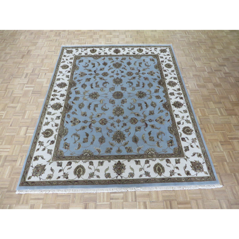 Tapis en laine bleu/beige 7 pi 11 po x 9 pi 11 po one-of-kind à la main noué la Sylvie