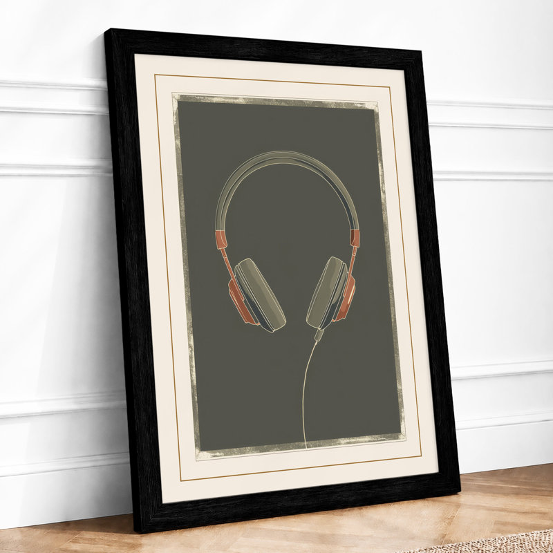 Headphones in Gold Modern - Framed Print, Black, A3 - 42.0 x 29.7 cm