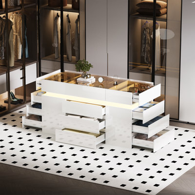 Îlot de garde-robe moderne de 150 cm avec 16 tiroirs, éclairage DEL réglable, plateau en verre ambré, garde-robe de salon