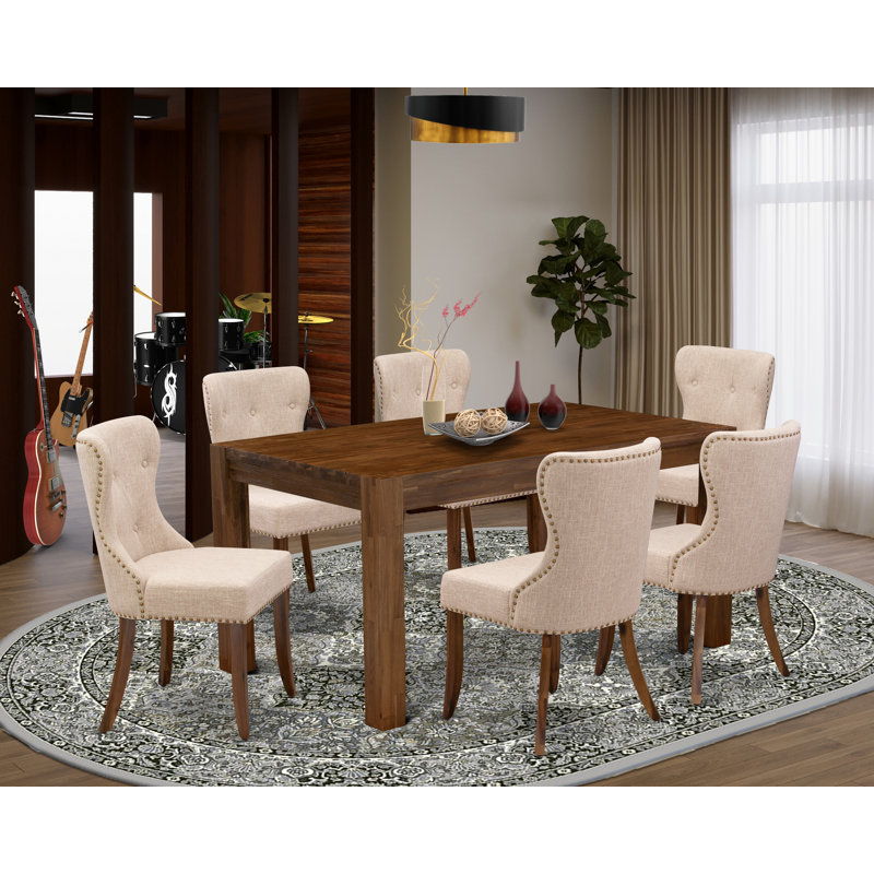 7 Piece Modern Dining Table Set Consist of a Rectangle Rustic Wood Table and 6 Light Tan Linen Fabric Upholstered Chairs, Antique Walnut 