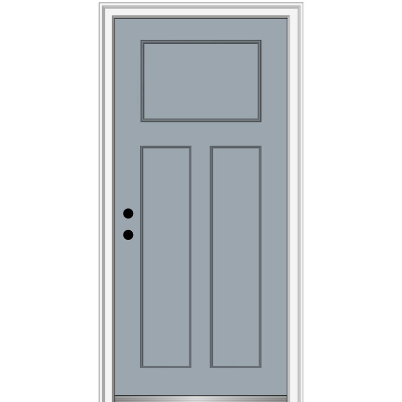 Porte d'entrée pré-suspendue en fibre de verre 3 panneaux Craftsman Shaker, H 80 po x l 36 po x P 1,75 po, Brun, Main droite