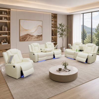 Ensemble de salon Dillard 3 pièces avec fauteuils inclinables électriques, chargeur sans fil, ports USB, console de rangement et éclairage DEL bleu