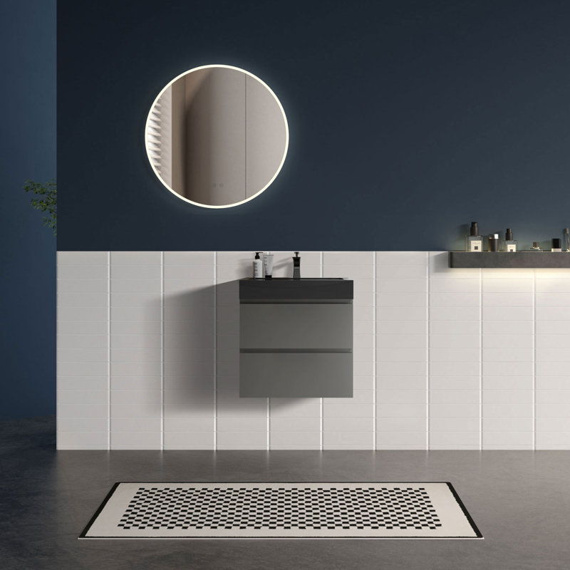 Meuble-lavabo simple mural 24 po avec surface solide avec trop-plein, 24 po, pré-assemblé, Gris espace, Noir mat, 24"