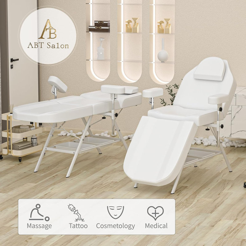 Lit de tatouage et de soins du visage blanc avec rangement, accoudoirs ajustables, capacité de charge de 200 kg