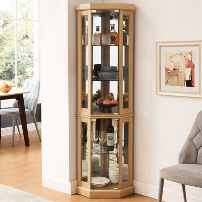 Oak Curio Cabinet For Collectibles - Elegant Display With Adjustable Shelves And Lighted Corner Storage In Stylish Design Glass