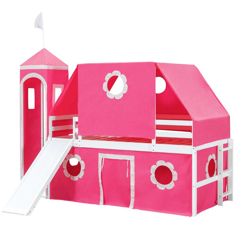 Lit simple mezzanine rose avec glissade, tente et structure de tour, apparence de clôture, trois positions pour les matériaux de glissade de chambre à coucher, lit semblable, espace supplémentaire