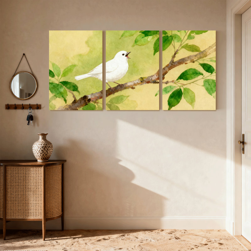 Oiseaux oiseaux blancs sur une branche avec feuilles vertes, ensemble de 3 impressions sur toile, H 30 po x l 60 po
