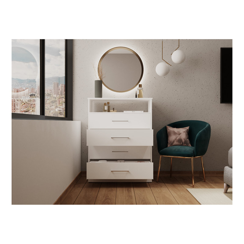 Commode, quatre tiroirs, une tablette, plateau supérieur, blanc