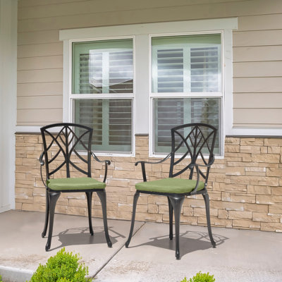 Outdoor Patio Chair Set Of 2 Bistro And Dining Chairs, With 2 1.2'' Thick Cushions, Cast Aluminum, Polyester Fiber, For Outdoor And Indoor Space, Patio, Deck, Garden, Backyard, Balcony, Black With Gold-painted Edge And Green