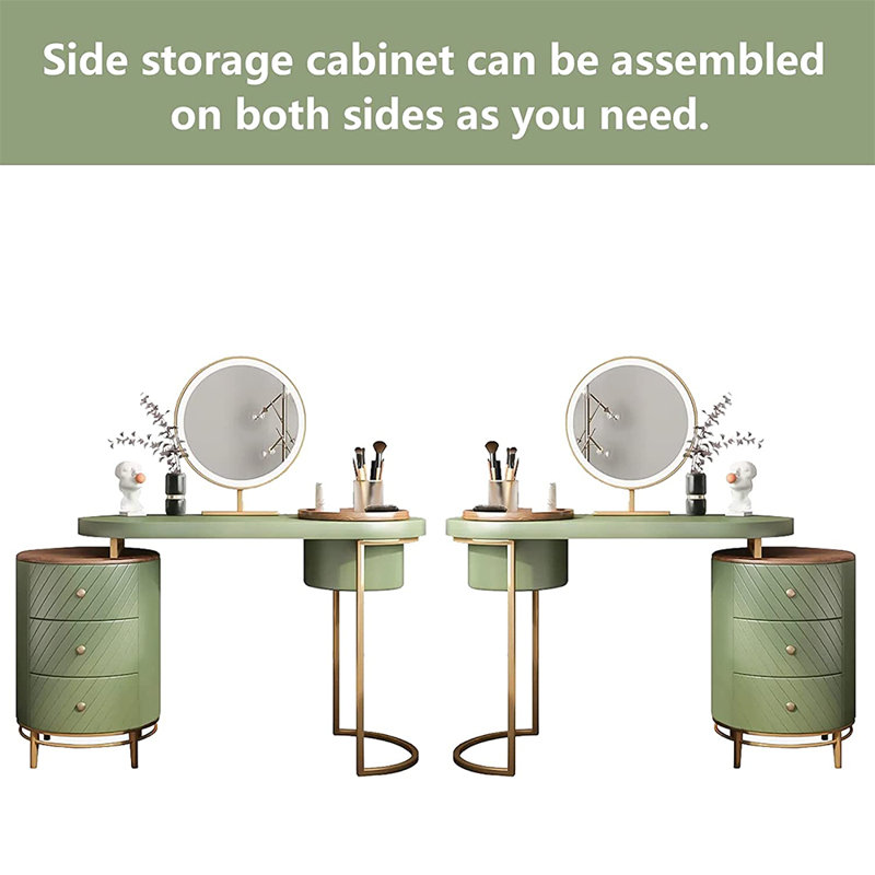 Ensemble de coiffeuse moderne 43 "avec miroir lumineux à DEL, plateau amovible, 4 tiroirs en bois massif, sans tabouret, Vert