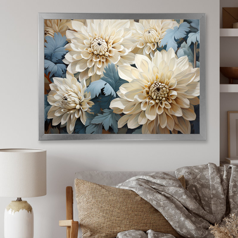 Chrysanthèmes blanc bleu mosaïque jardin II - décoration murale de chrysanthèmes, H 16 po x l 32 po x P 1 po