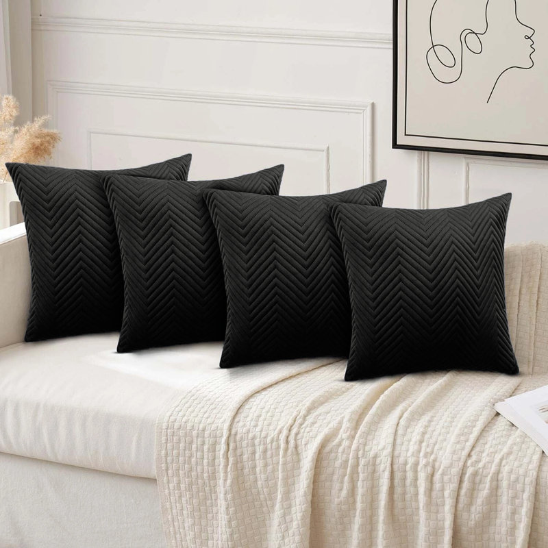 Luxury Chevron Embossed Quilted Pattern Velvet Cushion Cover Set (4-Pack) - Soft Throw Cushion Cover for Home Décor, Black