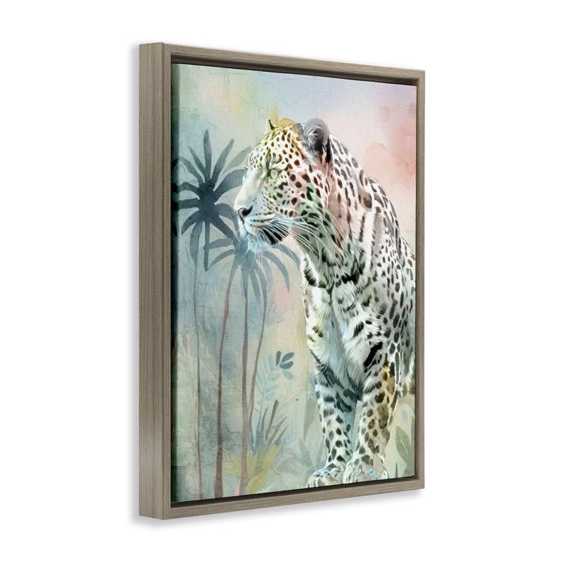 Cadre flottant Gazing Jungle Leopard, design par Kim Allen, Cadre flottant orme Montalcino, H 31 po x l 25 po