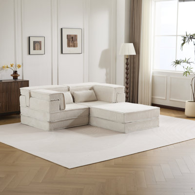 Compression Mahjong Sofa,Convertible Floor Sofa Bed,DIY Boneless Modular Sectional Sofa,No Assembly Required,Circle Fleece Fabric,Oversized 2 Seater With 1 Ottoman,White