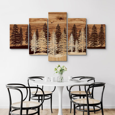 Western Wood Effect Landscape Brown Pine Tree Forest Nature Landscape Rustic Farmhouse Decor Large Canvas 5 Pieces Print Wall Art