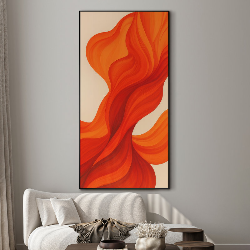 Extra Large Wall Art Fabric Print - Abstract Ribbon Art Vibrant Orange Toned Flowing Pattern Contemporary Artwork Decor for Living Room or Bedroom - "Frame Assembly Required (Unfinished Frame)"