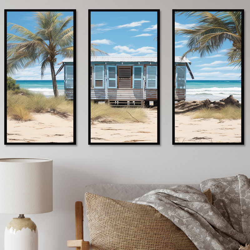 «Beachside Cottage Charm II - Coastal Windows», art mural, H 40 po x l 60 po x P 1 po, Cadre flottant noir