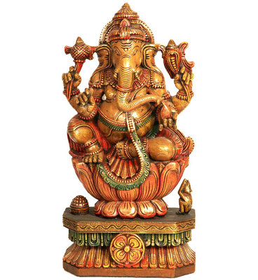 Statue de Ganesha en bois du Sud de l'Inde du Sud, Figurine de divinité indou sculptée à la main en forme de lotus assis de lotus de 24 po Chaturbhuja