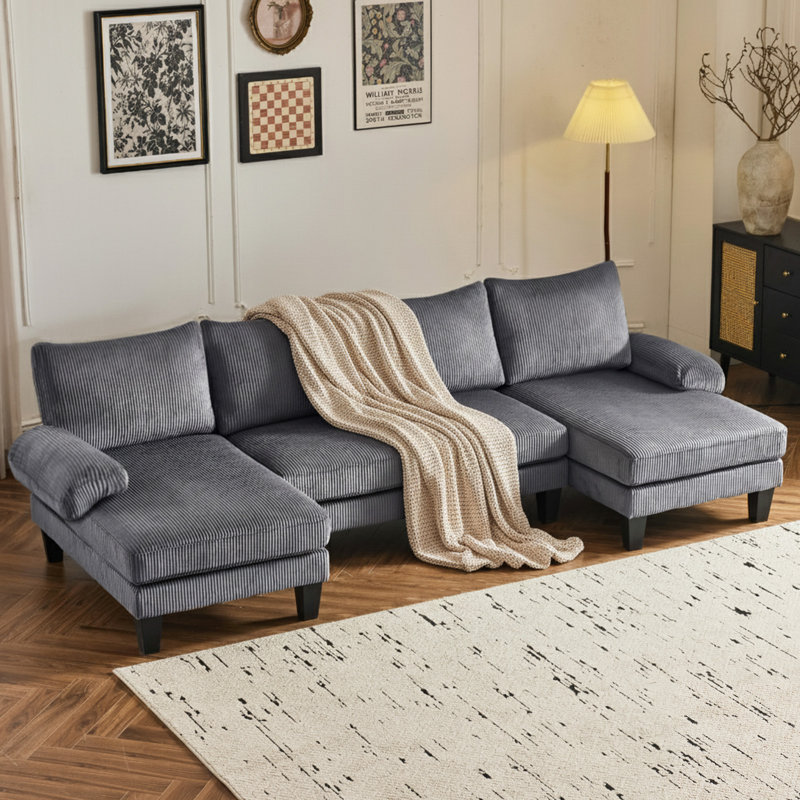  110 In. Pillow Top Arm U-Shaped Sectional Sofa, Gray Corduroy