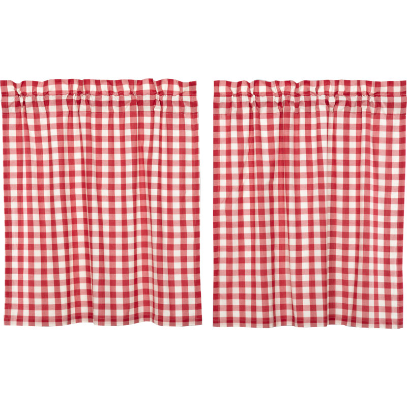 Annie Buffalo Check Plaid Cotton Ruffled Cafe Curtain, 72" W x 36" L, Red