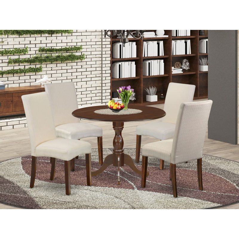 L'ensemble 5 pièces de table de salle à manger moderne comprend une table ronde en bois avec Dropleaf et 4 chaises de salle à manger Parson en tissu crème et acajou