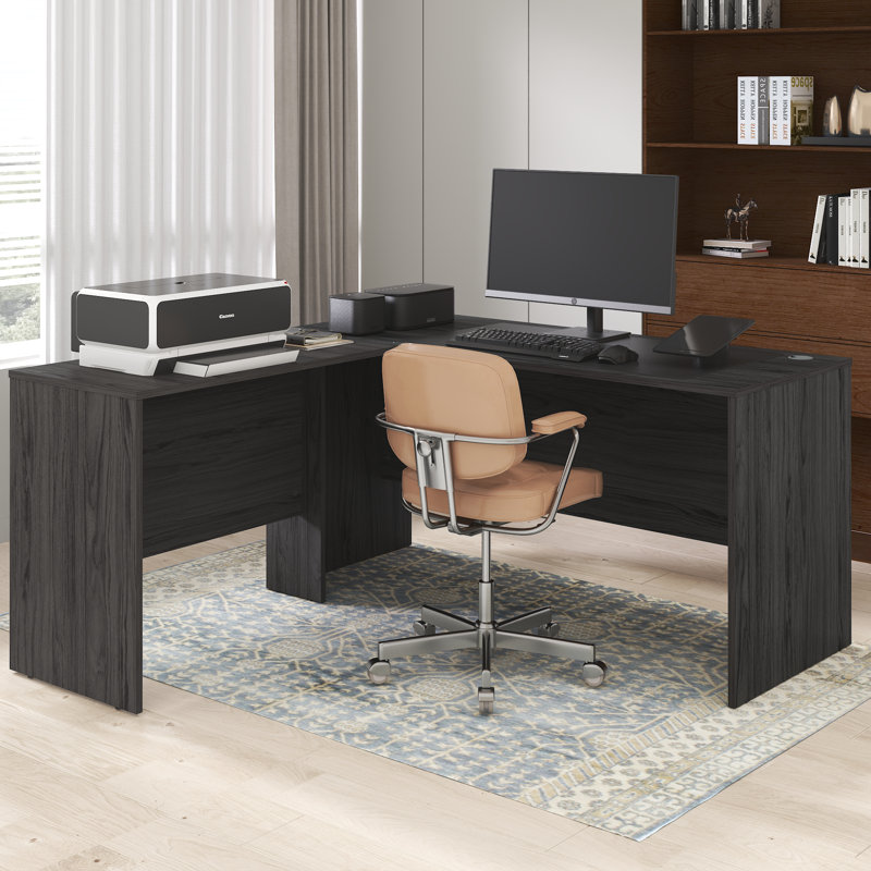 60 Inch L-Shaped Office Desk, Executive Desk with Reversible Desk Return, Desk Cord Grommet, For Home Office, Coastal Grey