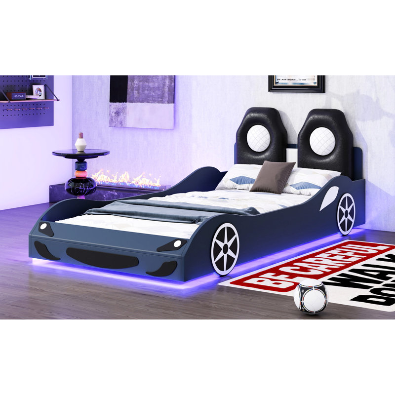 Twin Size Blue Race Car Bed With Wood Build And Led Feature - Comfortable Resting Time Under Comfort ,