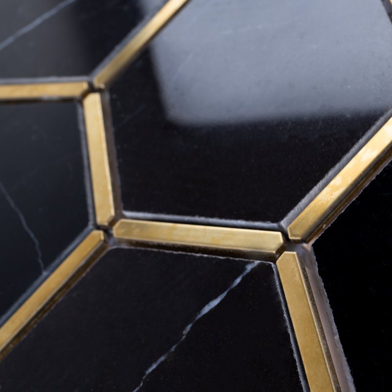 Natural Bianco 3" x 3" Marble Honeycomb Mosaic Wall Tile, Black/Gold