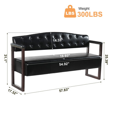 Salon Waiting Room Bench, 57.83" Mid-Century Modern Reception Sofa Bench with Tufted Backrest & Nailhead Trim, PU Leather Commercial Waiting Bench for Beauty Salon, Spa, Office