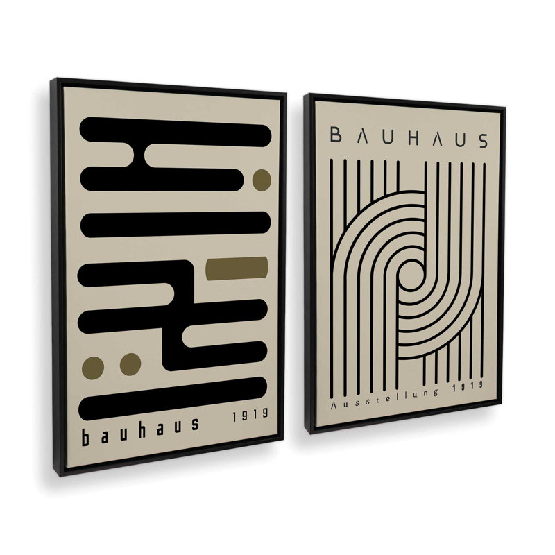 Ensemble de 2 impressions sur toile Bauhaus Curves and Connections, Cadre flottant, Doré, H 13,5 po x l 19 po x P 1,75 po