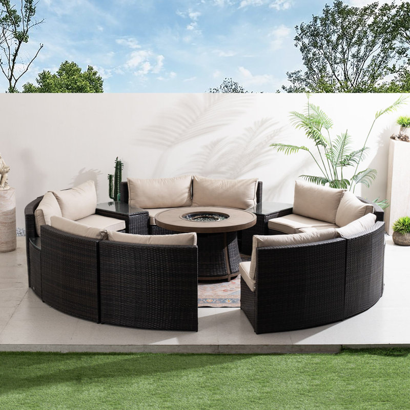 Arrika 10-Person Wicker Round Sectional Seating Group With Cushions, 15 Pcs: Firepit Table, 10 Chairs, 4 End Tables