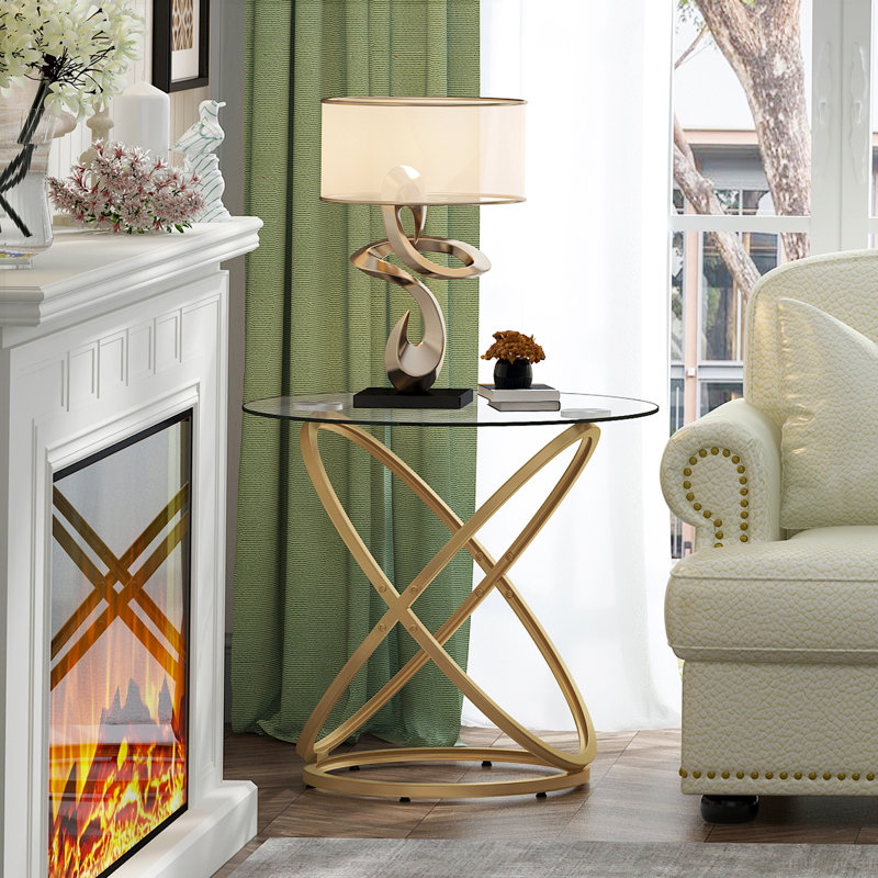 Lakhraj Glass Top End Table For Living Room，Bedroom, Gold, Clear