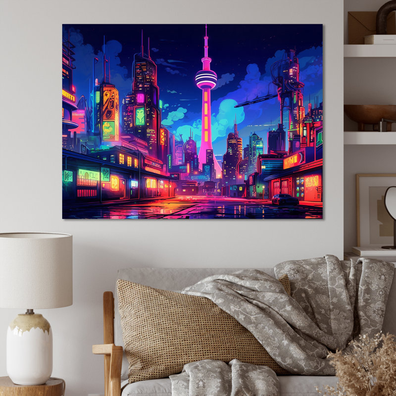 Berlin Neon Cityscape II - art mural de Berlin pour le salon, H 16 po x l 32 po x P 1 po, Toile tendue