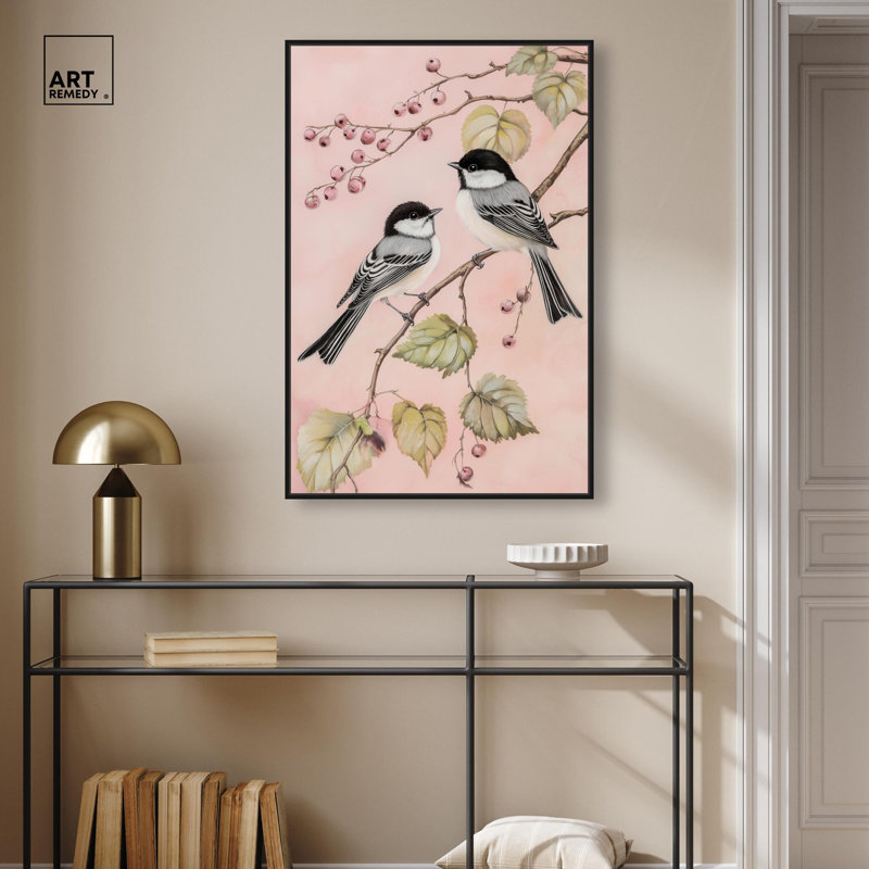«Winter's Tiny invités», reproductions d'art sur toile par Art Remedy, H 37 po x l 25 po, Cadre flottant noir