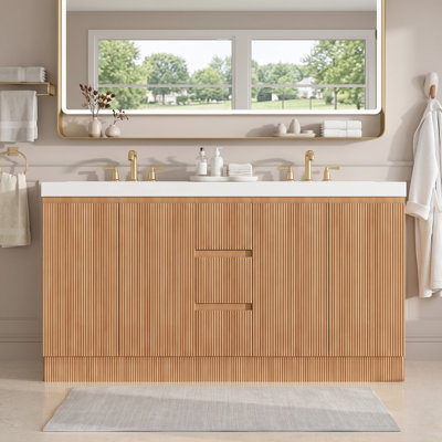 Meuble-lavabo autoportant moderne 59,3 po avec lavabo SMC intégré, structure en bois massif, 3 tiroirs, portes à fermeture en douceur