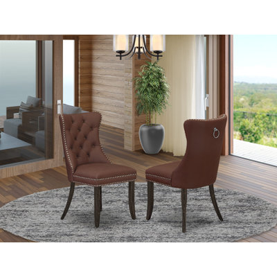 Dallas Parsons Dining Chairs - Button Tufted Nailhead Burgundy Polyester Fabric Upholstered Chairs, Set of 2, Distressed Jacobean